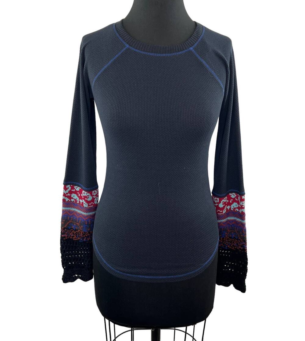 FREE PEOPLE Navy Blue In The Mix Thermal Top Art Cuffs Waffle Knit Pullover XS